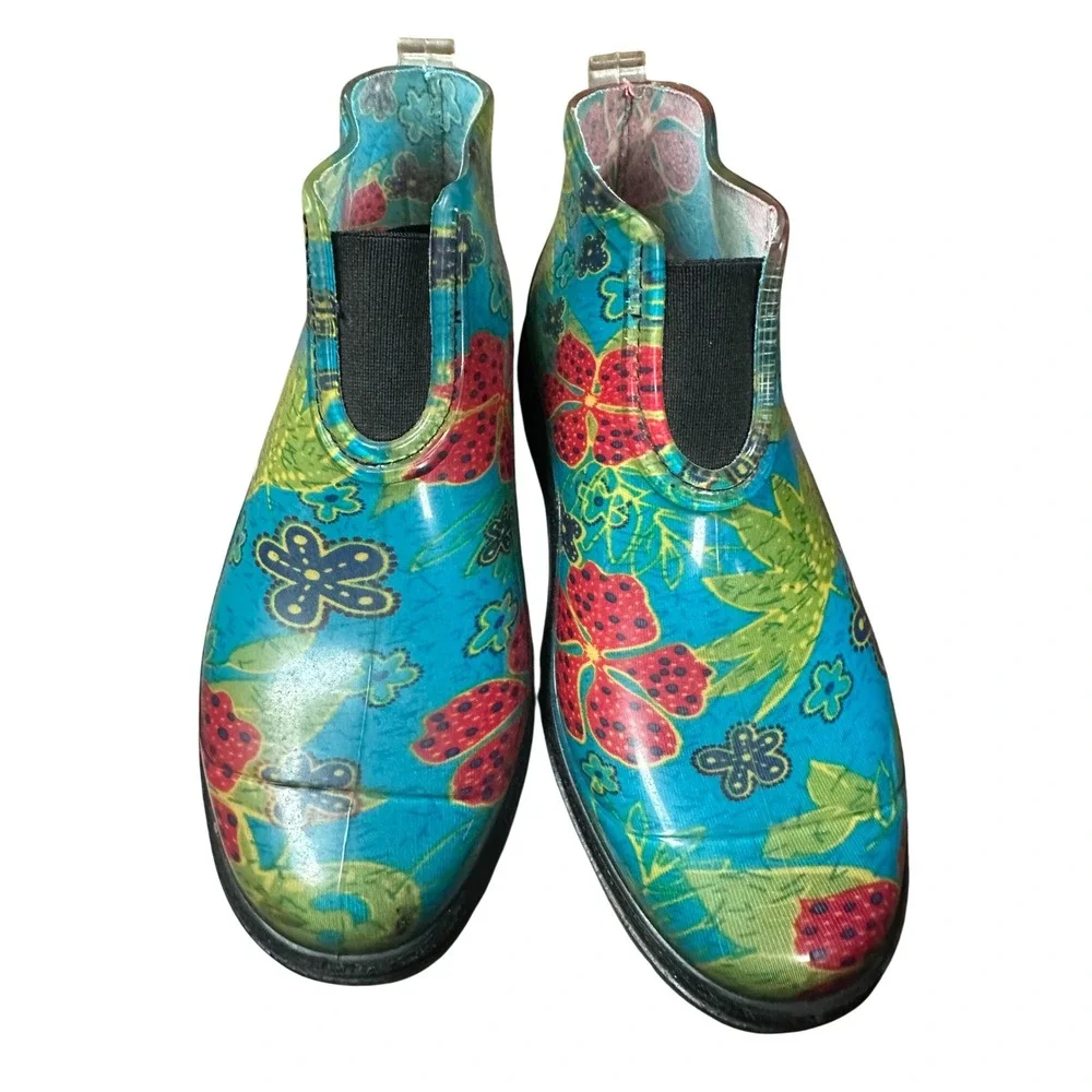 Sloggers Women Blue Floral Waterproof Rubber Garden Rain Ankle Boots Size 9